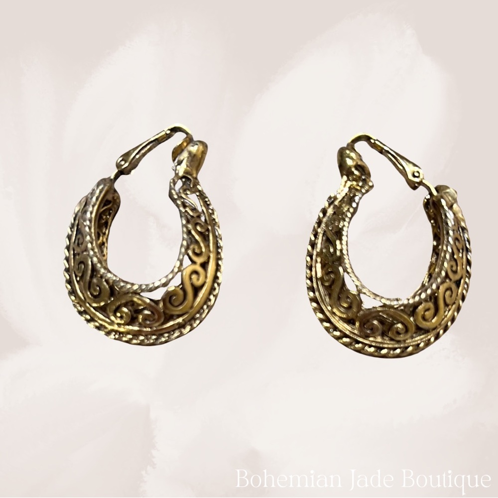 Vintage Gold Clip On Hoop Earrings With Intricate Detailing